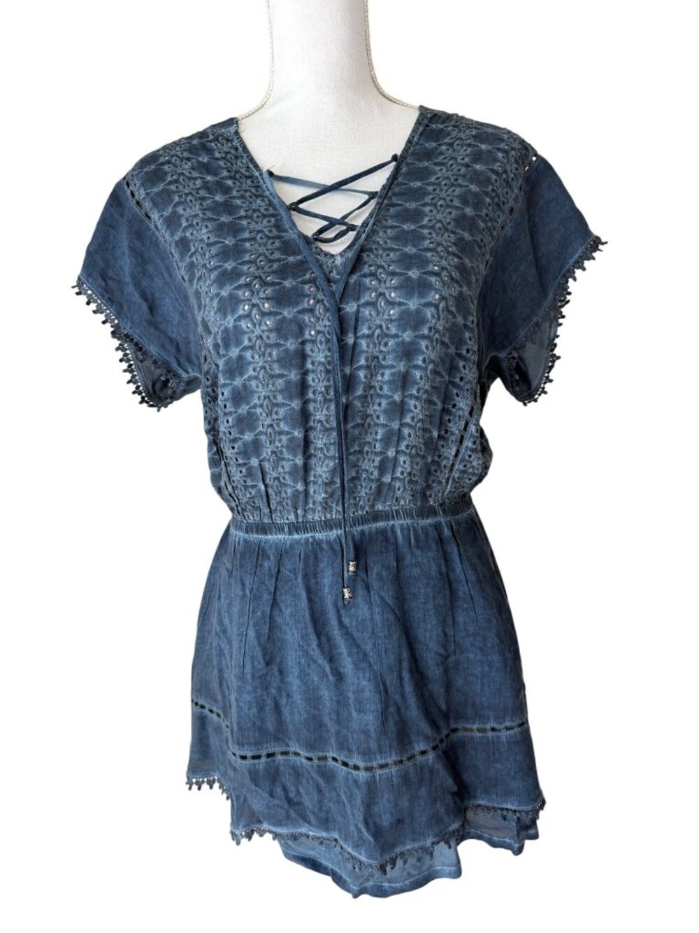 Moon & Sky Dress Small Blue Boho Lace-Up Eyelet Embroidered Mini Elastic Waist